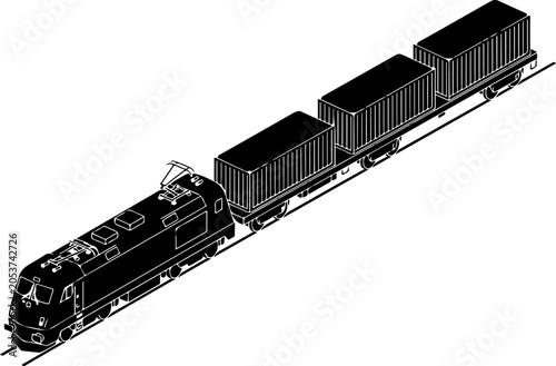 Black train, locomotive, cargo train, freight train, vector illustration