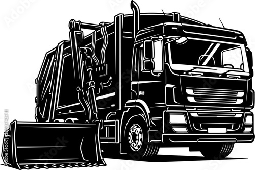 Black garbage truck, waste management vehicle, sanitation truck, dumpster lifter, vector illustration