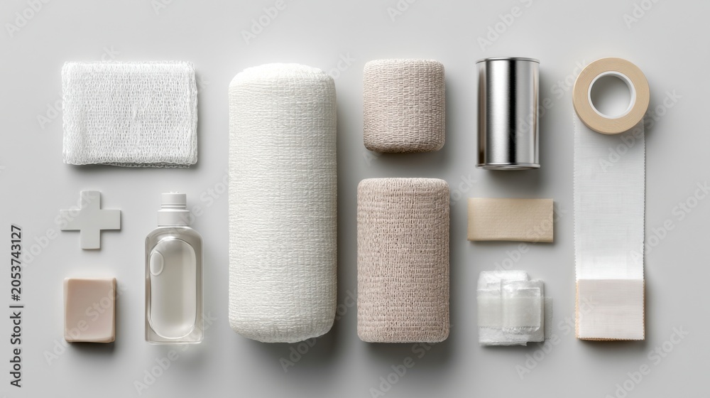 Obraz premium Neutral spa packaging and towels arranged in calm studio for product stylist preparing sustainable brand shoot cream beige white palette glass bottle, ceramic jar, dispenser, cotton roll, textured