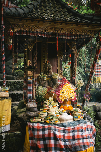 Balinese Temple Shrine Surrounded by Tropical Offerings