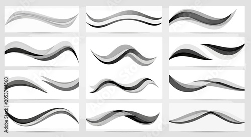 Abstract wavy lines and brush strokes, monochrome design elements, graphic resources