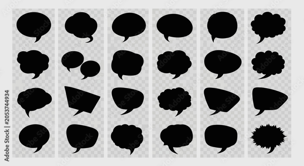 Fototapeta premium Collection of Black Speech Bubbles and Thought Clouds on Transparent Background