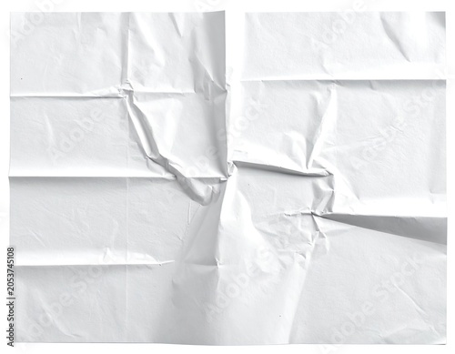 A stark white sheet of crumpled paper, intensely creased and folded, revealing textured shadows