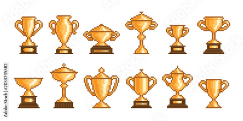 Pixel art golden cups. Arcade retro game winner cup, gold trophy. Video play vintage 8-bit assets. Champion, leader award, win trophies, tidy vector clipart