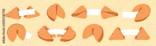 Fortune cookies. Cartoon traditional asian biscuits with surprise messages inside. Holiday gifts, different cookies with empty paper sheets, racy vector clipart