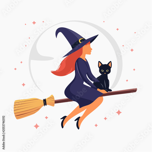 Witch flying on broomstick with black cat against moon