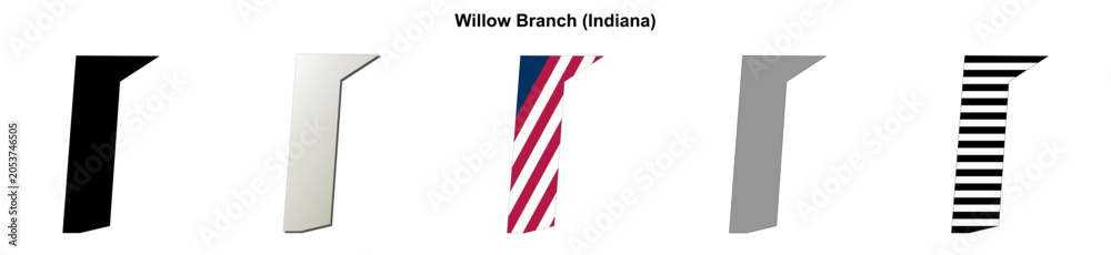 Obraz premium Willow Branch (Indiana) blank outline map set