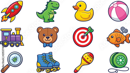 Tableau sur toile Kids Toy and Playtime Icon Set Featuring Rocket Dinosaur Rubber Duck Train Teddy