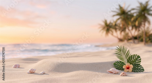 Empty sand podium on tropical beach with seashells and palm leaves at sunset for product display