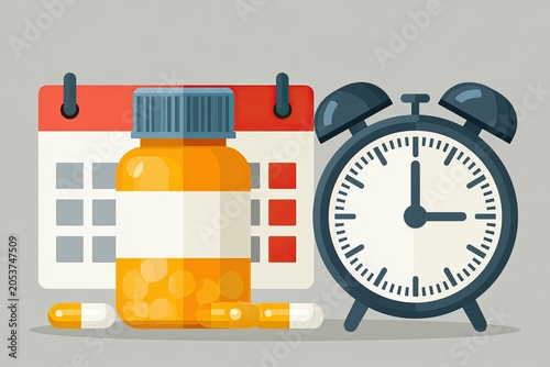 Flat design illustration of a medicine bottle next to a calendar and analog alarm clock for health and scheduling concepts.