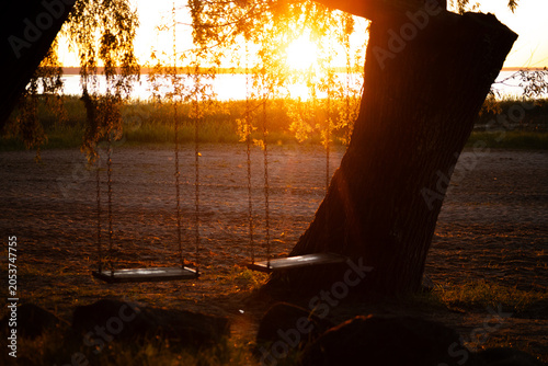 Fotografija Two wooden swings hanging from a tree silhouetted against a vibrant sunset over
