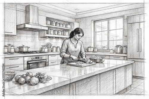 Contemporary Kitchen - Urban Home Interior, circa 2010s, Pencil Sketch Illustration