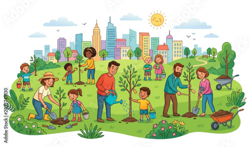 Community Tree Planting in Urban Park Environmental Conservation Vector Illustration
