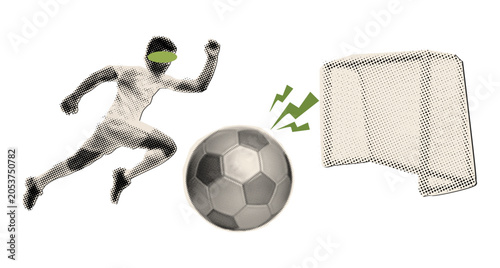 Halftone Soccer Player Kicking Ball Towards Goal Retro Sports Collage Vector Illustration