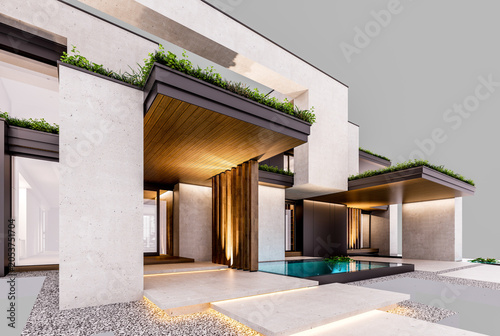 3d rendering of two-story house with parking and pool for sale or rent with concrete facade and beautiful landscaping. In the evening. Isolated on gray