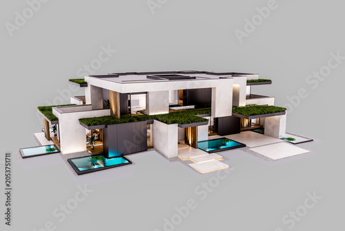 3d rendering of two-story house with parking and pool for sale or rent with concrete facade and beautiful landscaping. In the evening. Isolated on gray