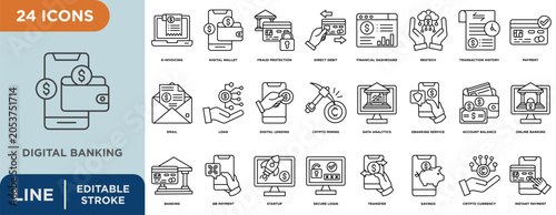 Digital banking line icon set with editable stroke for banking, digital, bank, mobile, finance, payment, online, transaction, and wallet