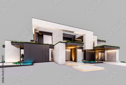 3d rendering of two-story house with parking and pool for sale or rent with concrete facade and beautiful landscaping. In the evening. Isolated on gray