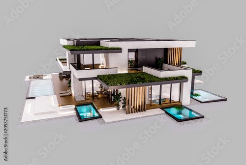 3d rendering of two-story house with parking and pool for sale or rent with concrete facade and beautiful landscaping. In the evening. Isolated on gray