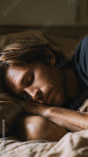 Handsome caucasian man with a beard peacefully sleeping in his comfortable bed, resting with his eyes closed in the warm morning light. Healthy sleep and a relaxed lifestyle concept