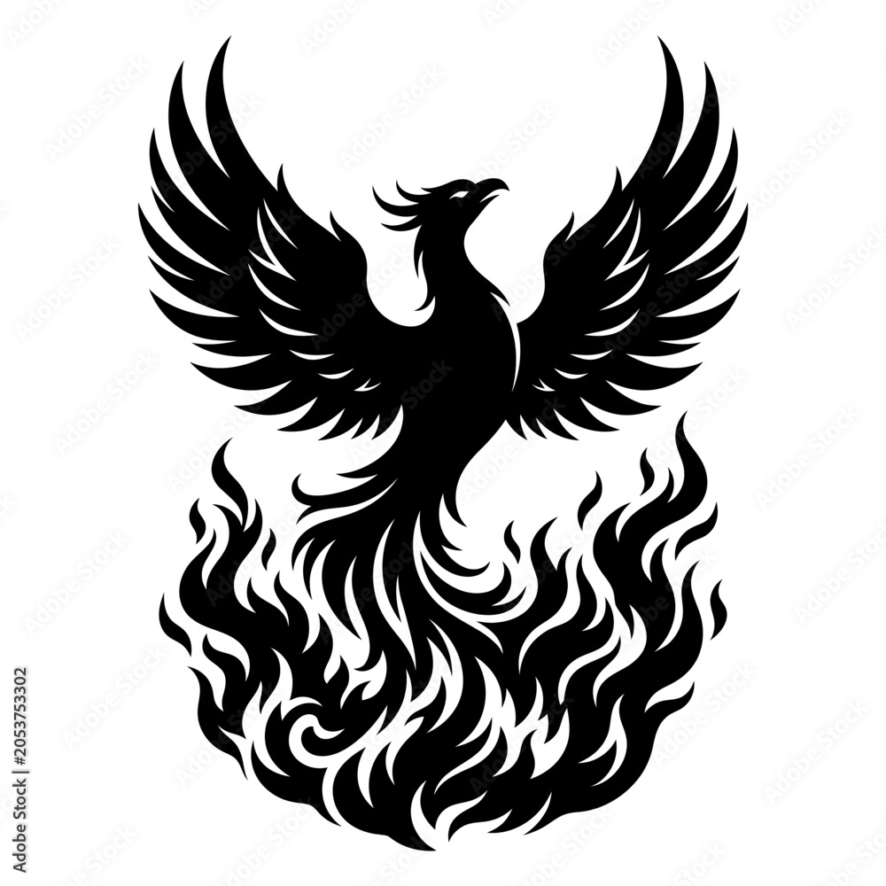 Fototapeta premium Black silhouette phoenix rising from flames, rebirth concept