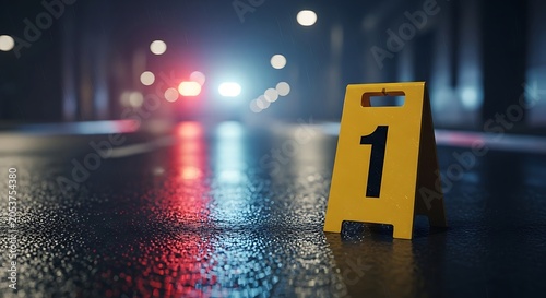 Crime scene evidence marker number one on a wet city street at night