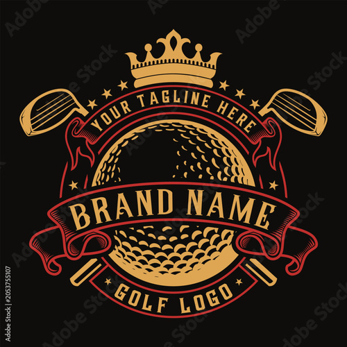 Vintage golf club emblem design featuring a golf ball, crossed clubs, a royal crown, and elegant ribbon banners in a retro gold and red color palette on a dark background