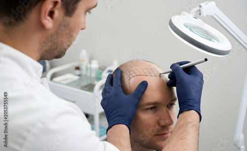 Doctor Marking Bald Scalp for Hair Transplant – Medical, Hair, Transplant, Baldness, Treatment, Surgery, Scalp, Restoration, Cosmetic, Procedure
