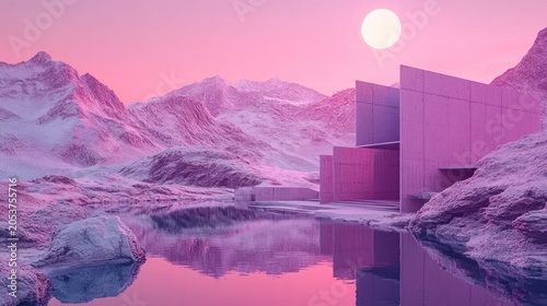 Pink sunset over snowy mountains, reflecting in a calm lake.  Modern, minimalist architecture, pastel hues