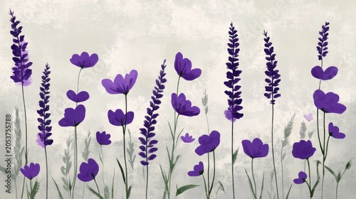 Lavender field in muted tones.  Soft purple flowers on muted gray background