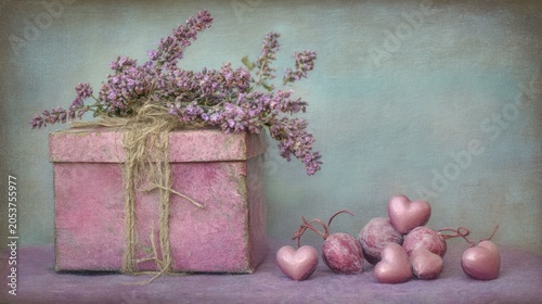 Pink gift box with lavender sprigs, and hearts.  Pastel hues