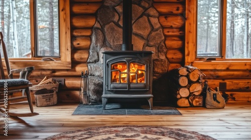 Cozy wood-burning stove in a log cabin
