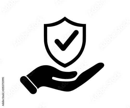 Handshake icons inside a security shield and check mark illustration on transparent background. 

