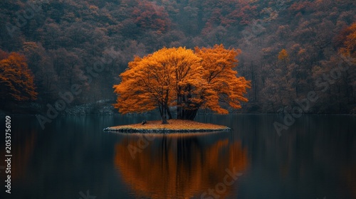 Golden autumn tree on tranquil island