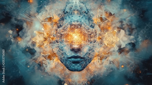 Abstract face, swirling colors, ethereal energy
