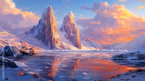 Frozen peaks bathed in golden sunset light over a calm icy lake