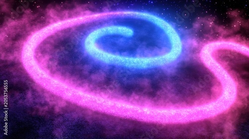 Cosmic spiral of vibrant pink and blue light trails through nebula