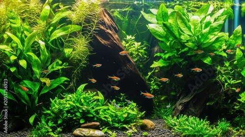 Lush aquarium with vibrant plants and fish