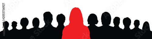 Woman face in red silhouette among people faces in black silhouettes portrait front view vector illustration flat graphic.