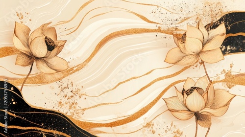 Beige, gold, and black abstract floral background.  Delicate lotus flowers, gold swirls, and splashes of gold glitter on a light beige marble-like surface