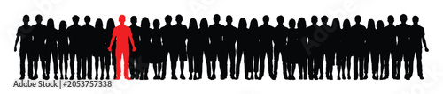 Young man in red silhouette standing among group of people in black silhouettes vector illustration flat graphic.