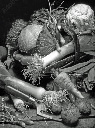 Black and white art image of fresh organic vegetables  