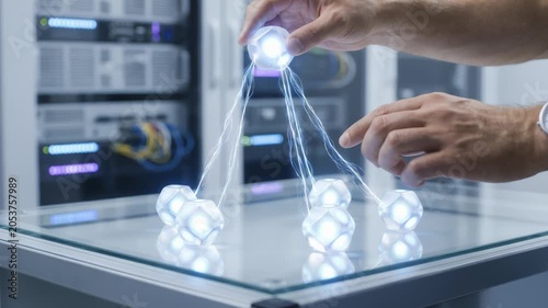 Hands Arranging Glowing Geometric Shapes on a Table in a Server Room