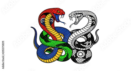Fotografía Two king cobra snakes in striking pose with colorful and line art