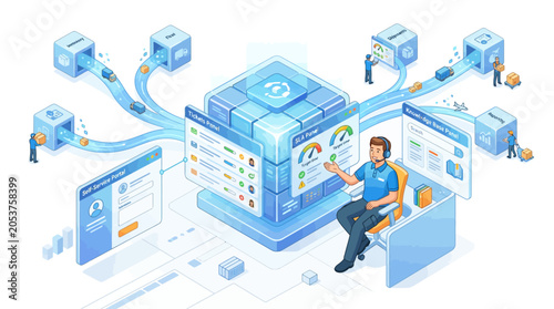 Isometric IT Service Management System with Support Agent and Digital Operations Workflow for Business Productivity and Cloud Infrastructure Visualization