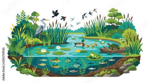 Vibrant Pond Ecosystem with Diverse Aquatic Animals and Plants.