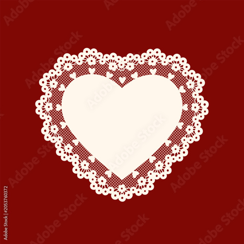 Craft lacy heart frame with ornamental doily details. Shabby chic and grandmillennial vibes. Burgundy hand drawing background for greeting cards, wedding, invitations, holiday designs, social media