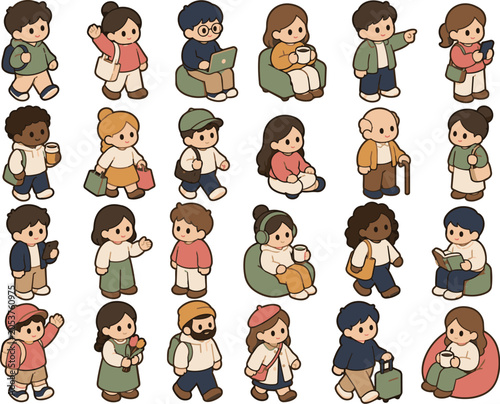 Kawaii Isometric People Character Sticker Set with Thick Outlines