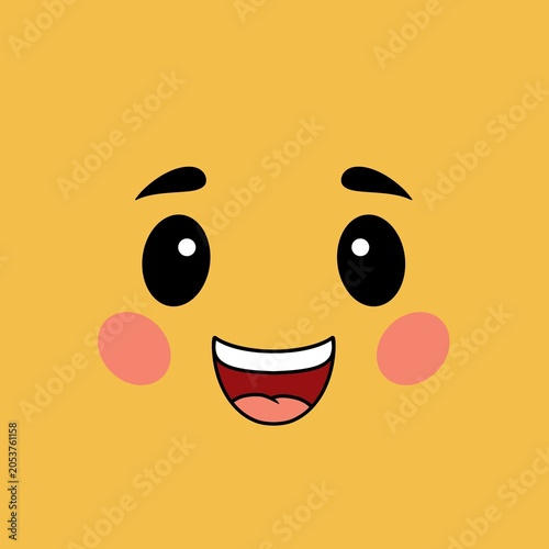 Quadro em tela Cute cartoon happy smiling face emoji with rosy cheeks on yellow background