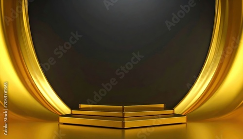 Elegant golden pedestal with curved design against a dark background, perfect for product display or award ceremonies.